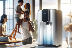 A high-quality photography of a modern, minimalist 2026 smart home interior. A happy young family in the background. In the foreground, a sleek and futuristic Coway water purifier on a marble kitchen island. Soft natural sunlight, cinematic lighting, 8k resolution, clean atmosphere, blue and white color palette to represent purity and health.